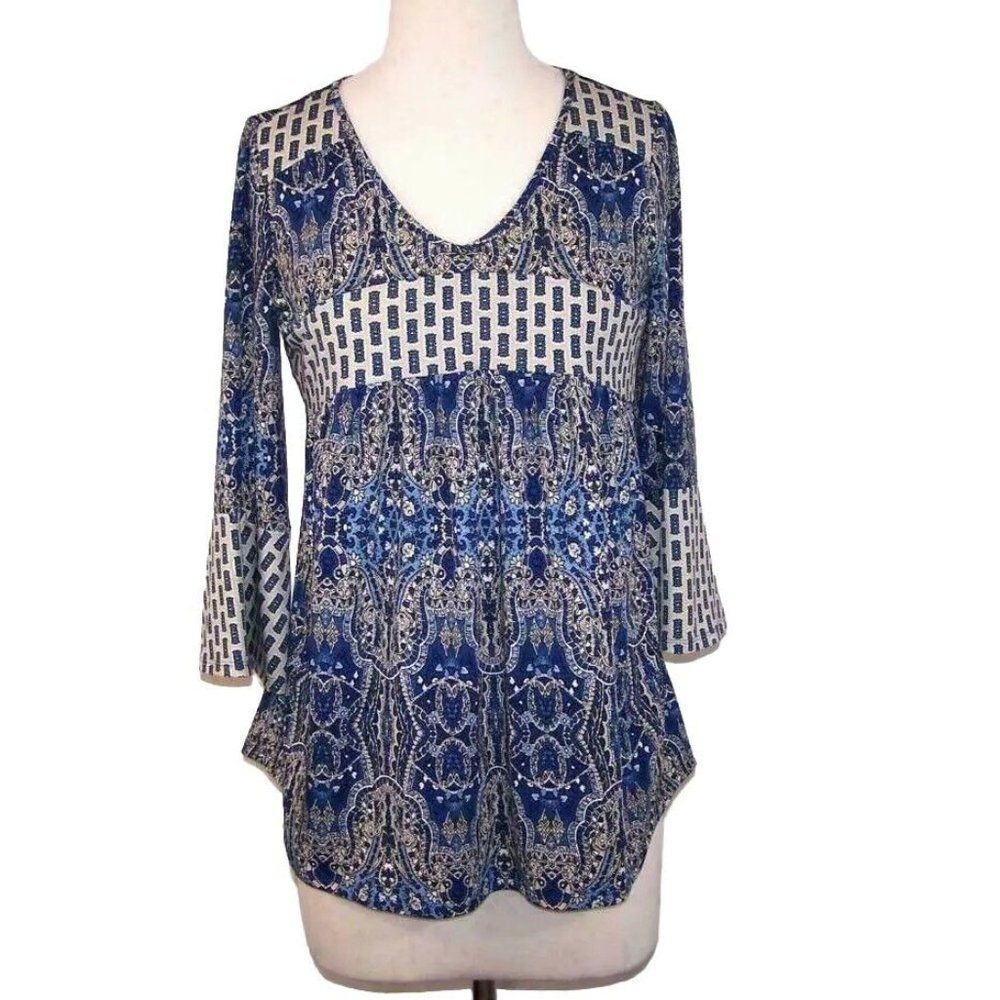 NY Collection Shirt Top Small 3/4 Bell Sleeve Stretch Peasant V-Neck Flowy Blue
